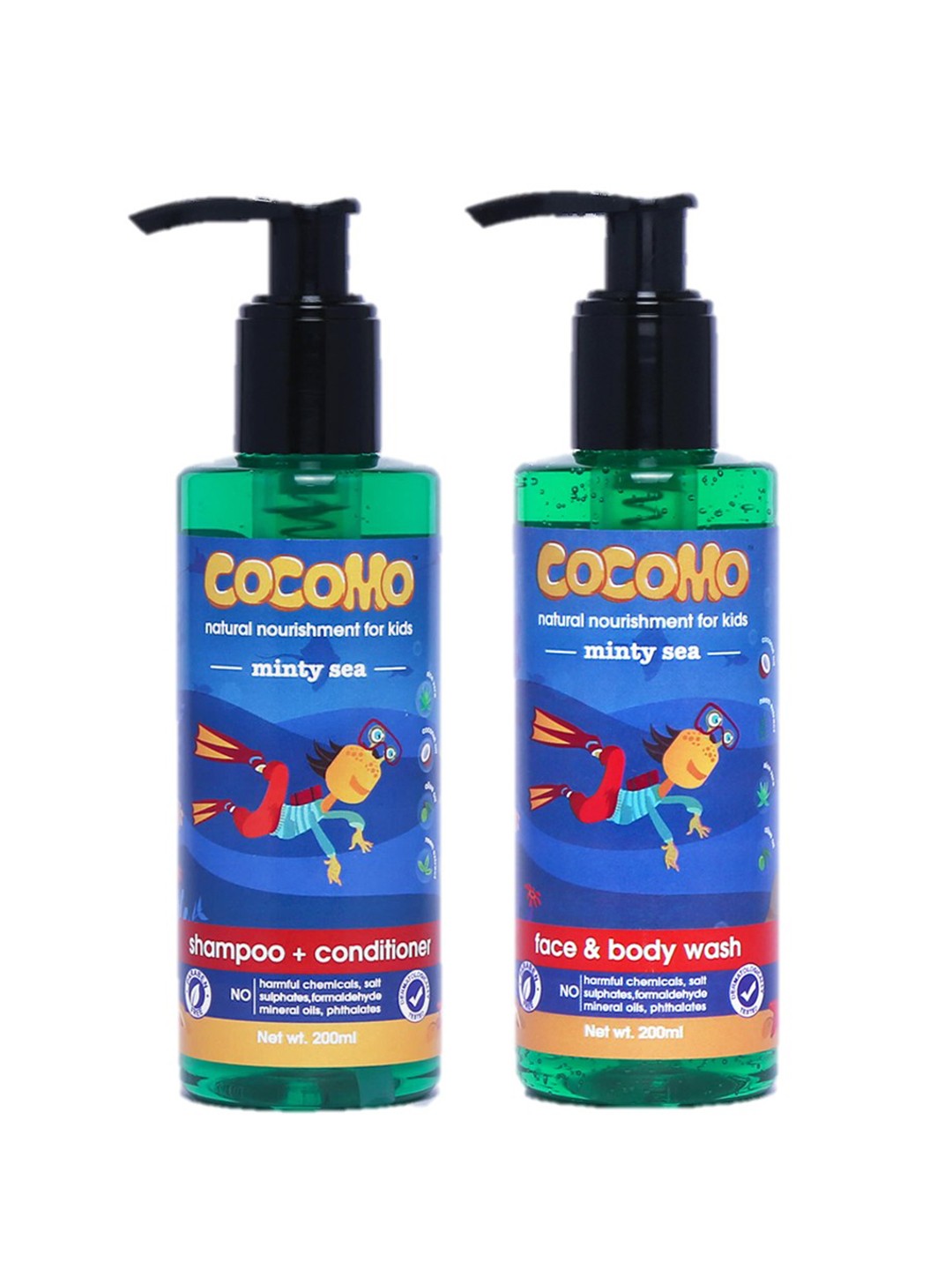 

COCOMO Kids Sustainable Minty Sea Shampoo & Body Wash Combo with Neem & Aloe Vera 200ml each, Green