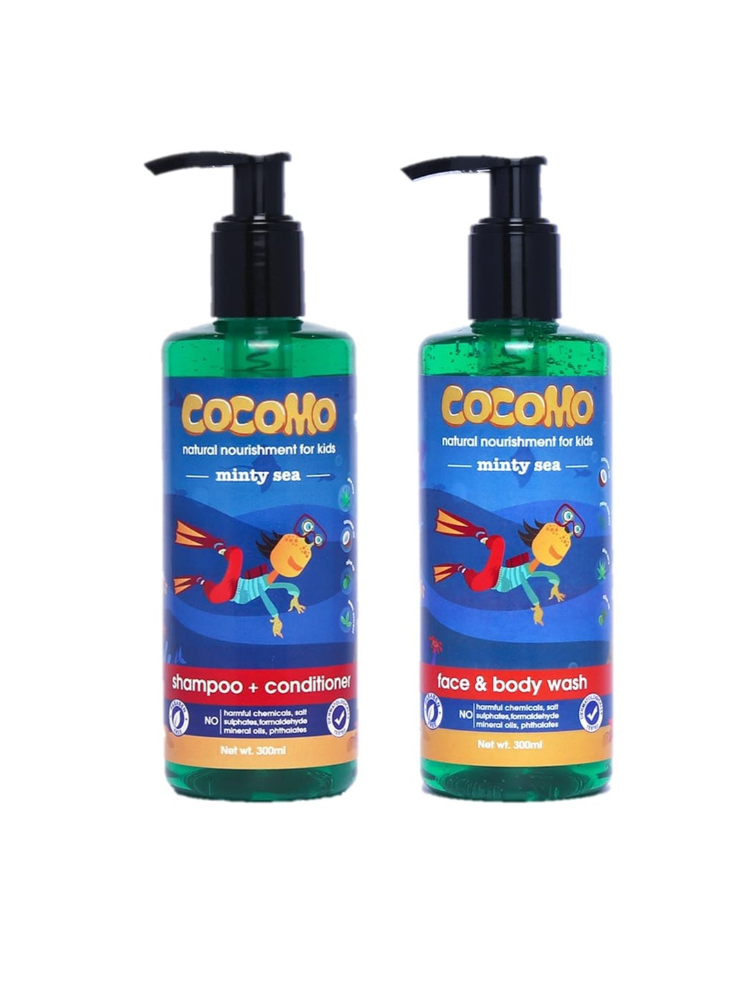 

COCOMO Kids Sustainable Minty Sea Shampoo & Body Wash Combo With Neem & Aloe Vera - 300ml each, Green