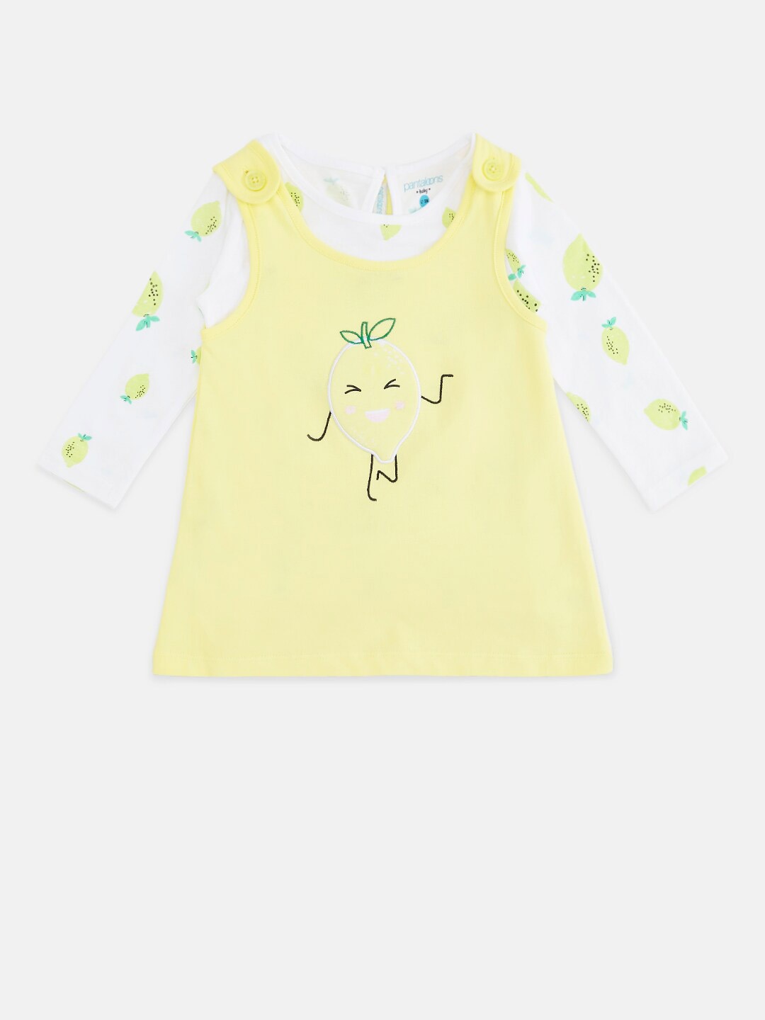 

Pantaloons Baby Yellow & White Printed Cotton A-Line Dress With T-Shirt