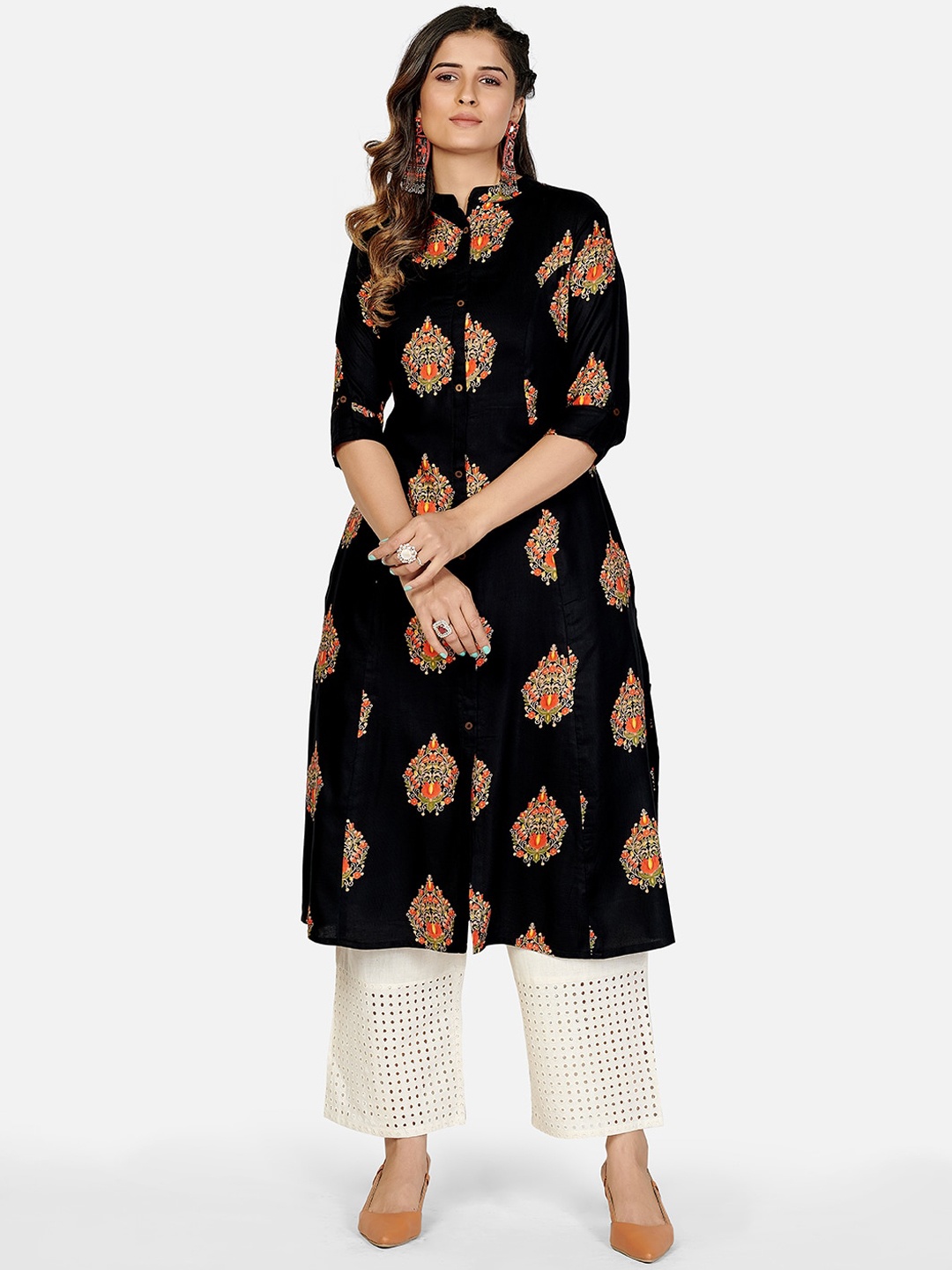 

KALINI Women Black Paisley Printed Panelled Kurta