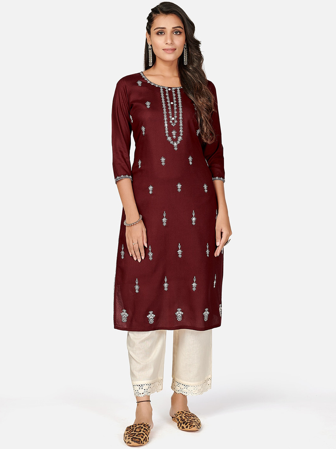 

KALINI Women Maroon & Silver-Toned Ethnic Motifs Embroidered Kurta