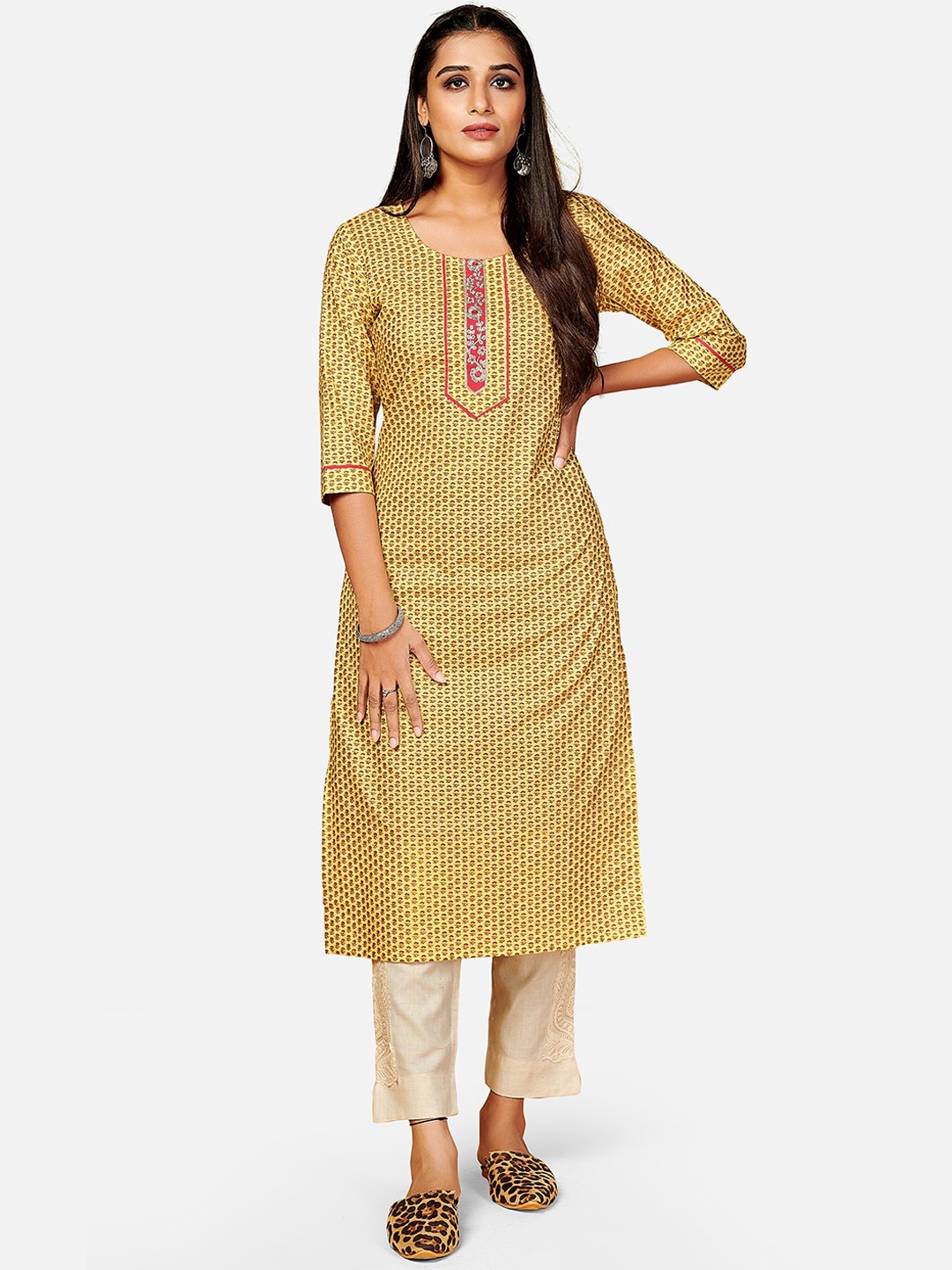 

KALINI Women Yellow Striped Keyhole Neck Flared Sleeves Thread Work Kurta