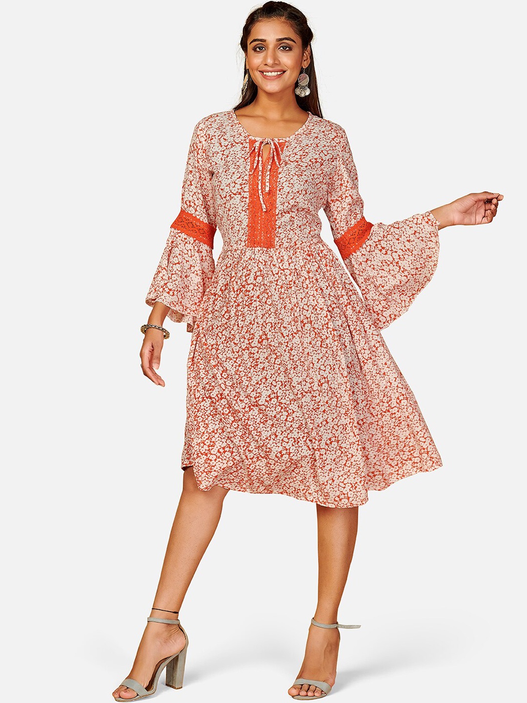 

Vbuyz Orange & White Floral Tie-Up Neck Ethnic Dress