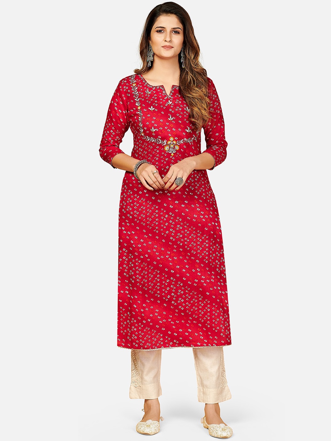 

Vbuyz Women Pink Bandhani Printed Thread Work Kurta