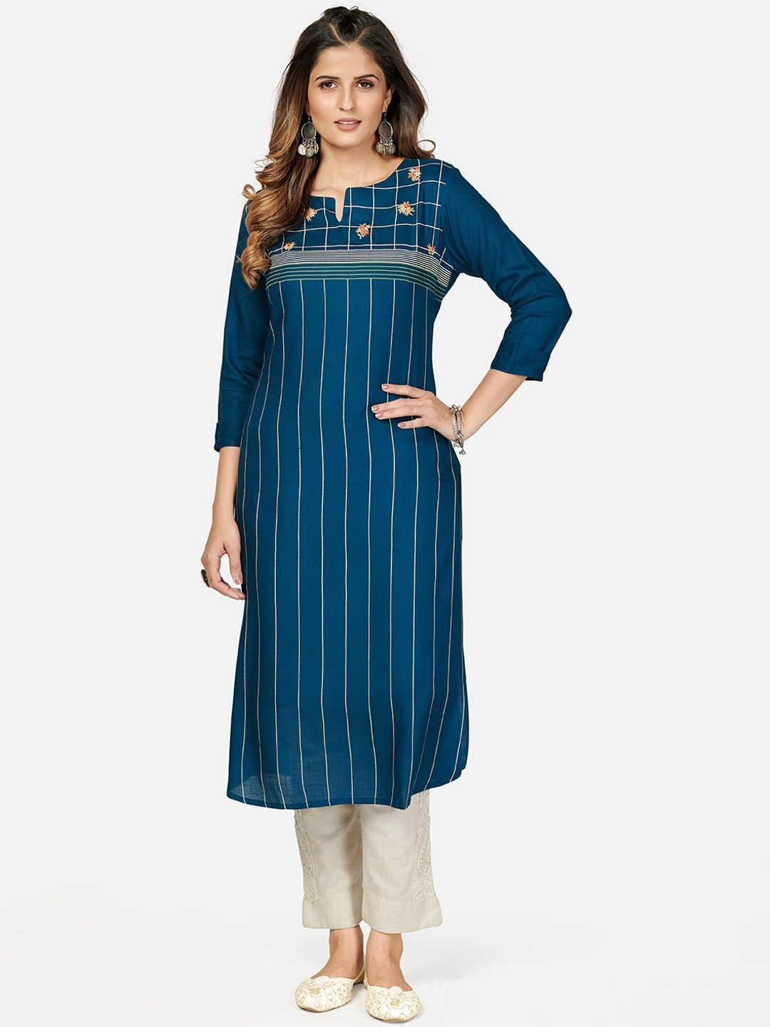 

KALINI Women Blue Striped Keyhole Neck Kurta