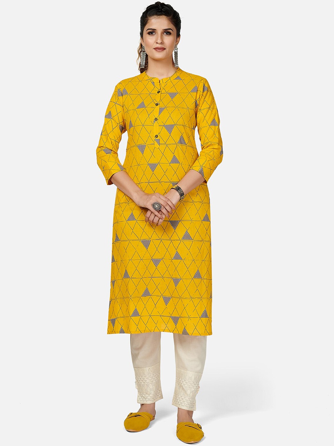 

KALINI Women Yellow & Grey Geometric Printed Kurta
