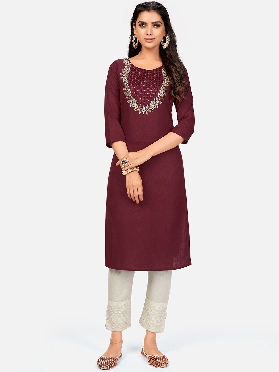 

KALINI Women Maroon Ethnic Motifs Embroidered Thread Work Kurta