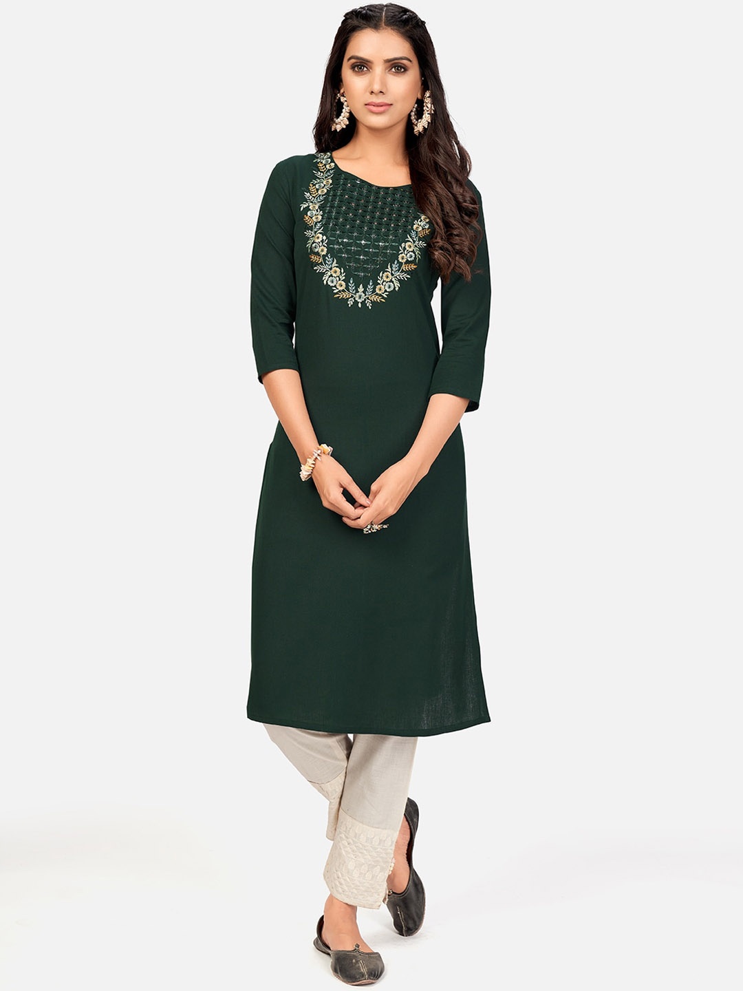 

KALINI Women Green Ethnic Motifs Embroidered Mirror Work Kurta