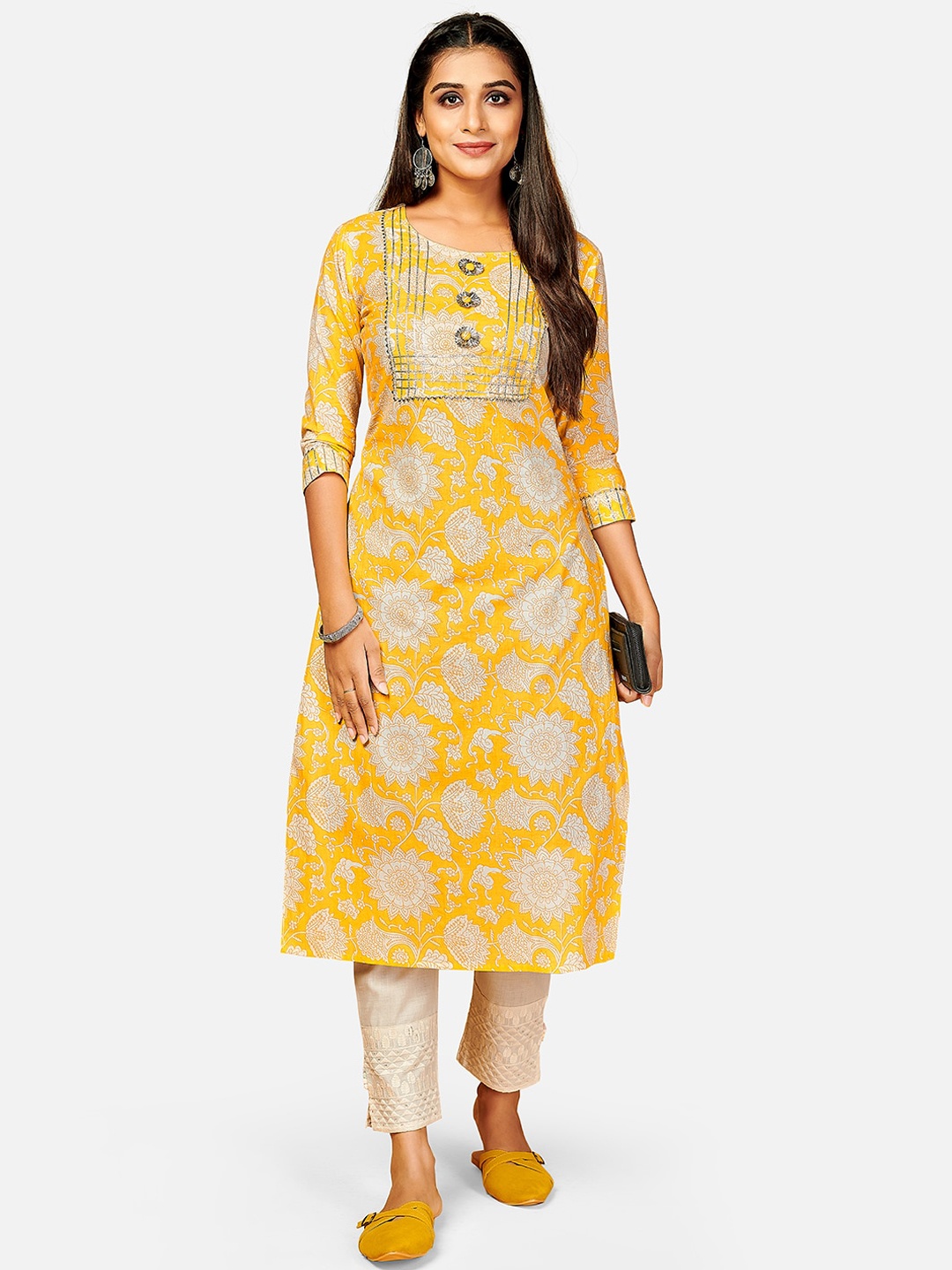 

KALINI Women Yellow Floral Printed Keyhole Neck Kurta