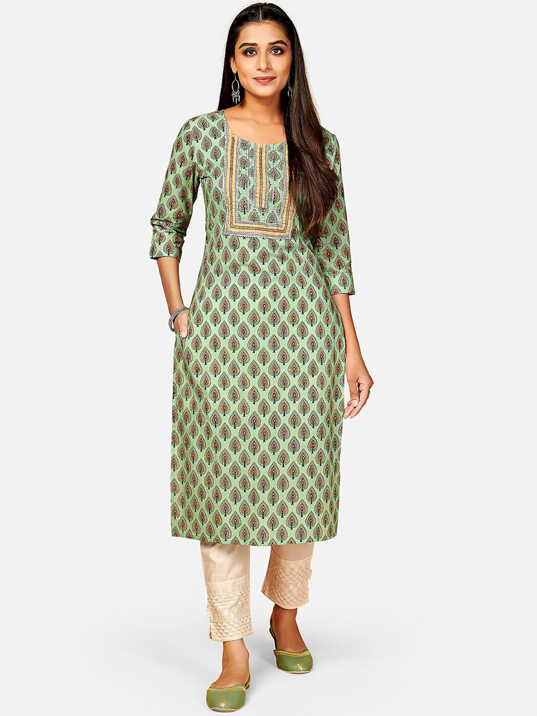 

KALINI Women Green Ethnic Motifs Printed Thread Work Kurta