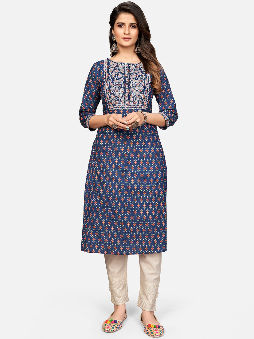 

KALINI Women Blue & Red Ethnic Motifs Embroidered Kurta