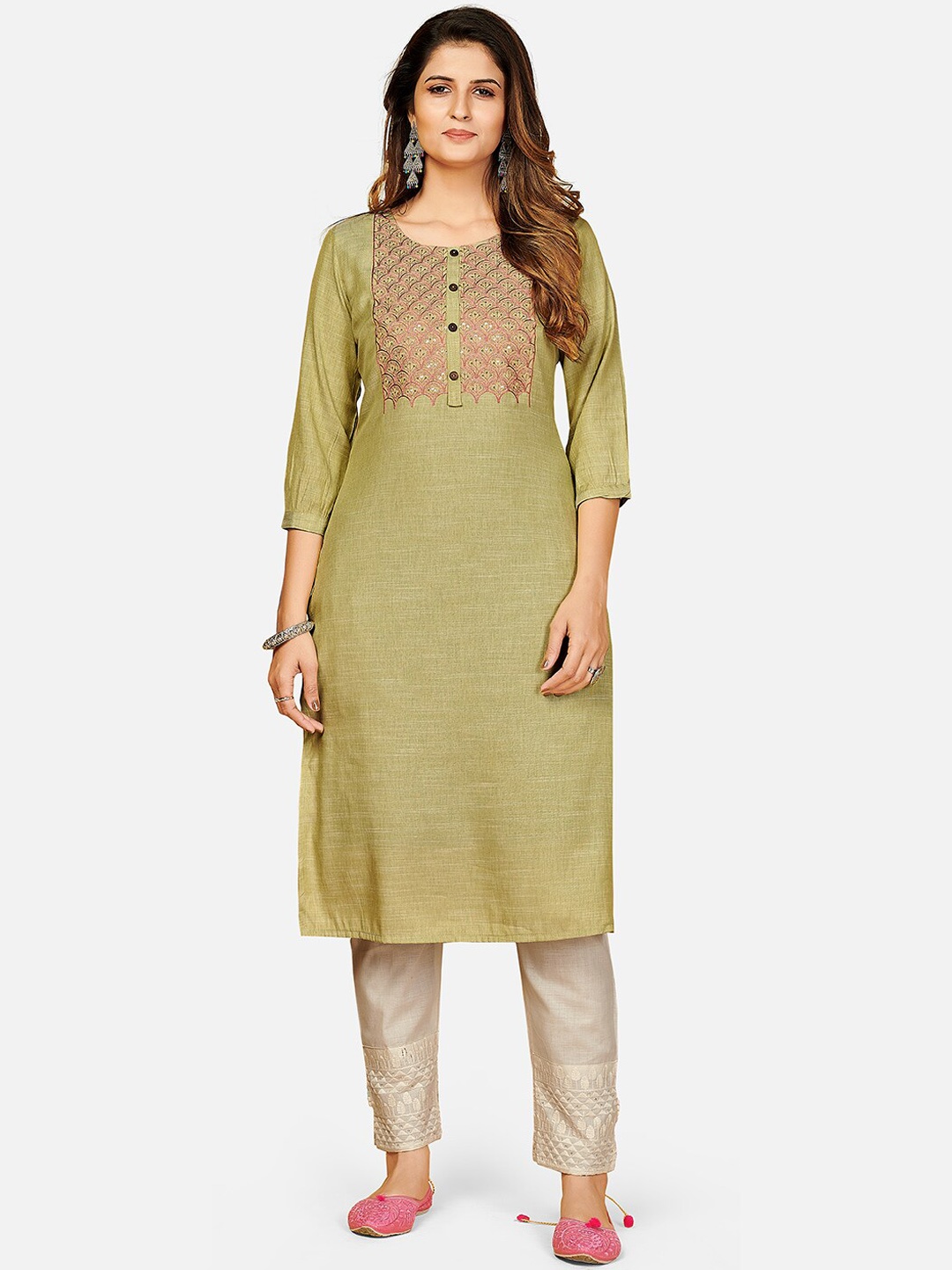 

KALINI Women Green Ethnic Motifs Embroidered Thread Work Kurta