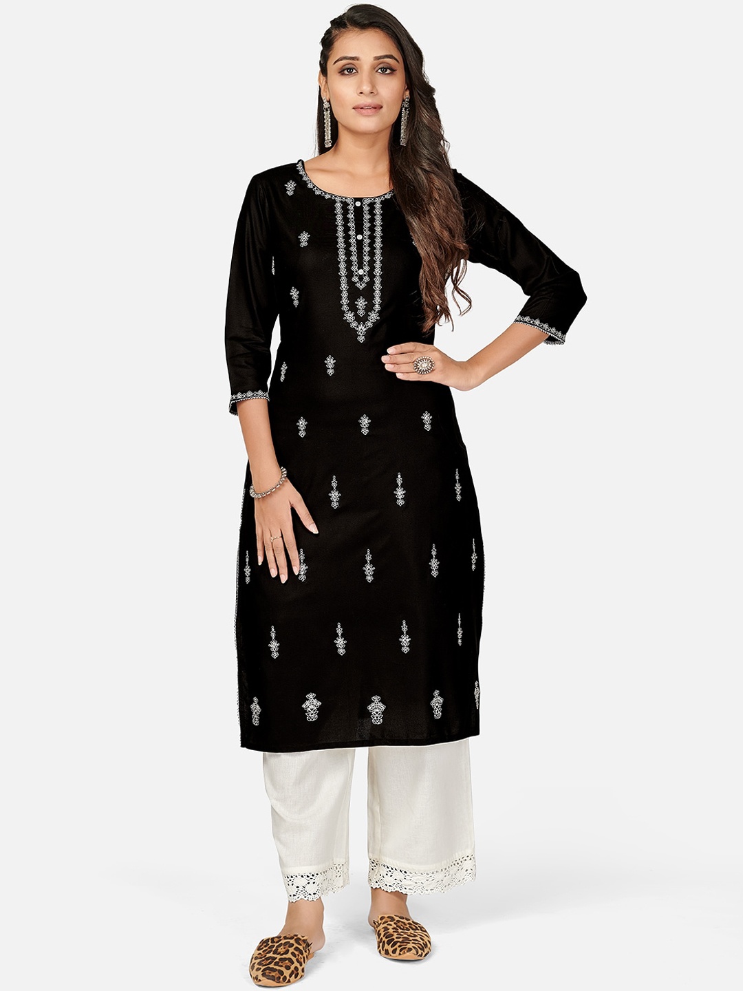 

KALINI Women Black & Silver-Toned Ethnic Motifs Embroidered Kurta