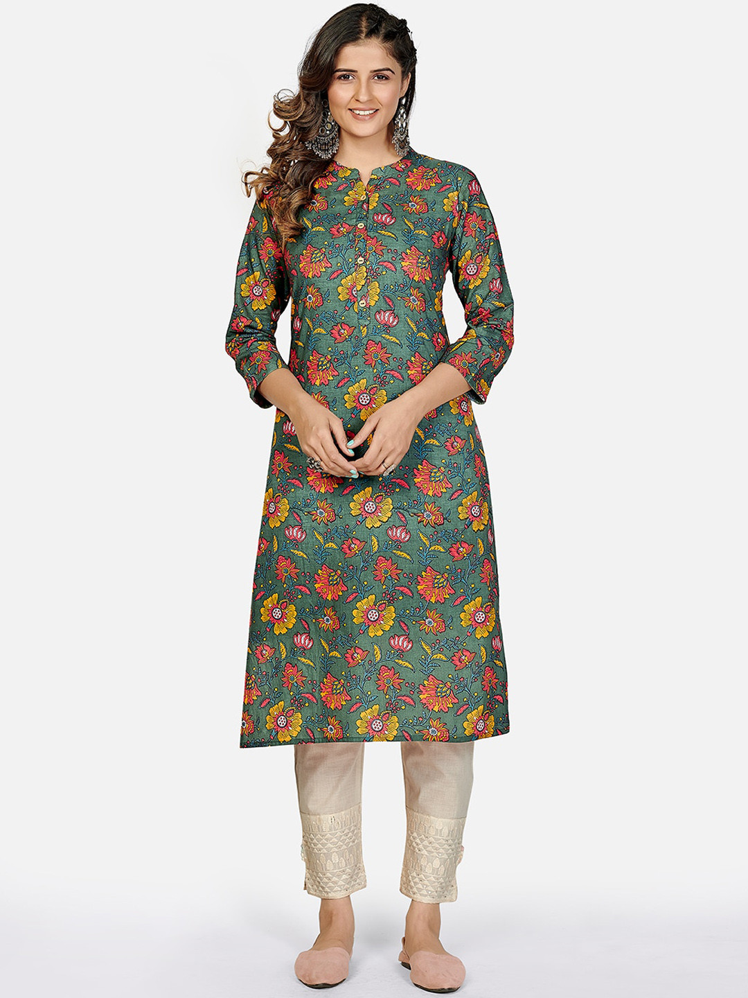 

KALINI Women Green Floral Printed Keyhole Neck Kurta