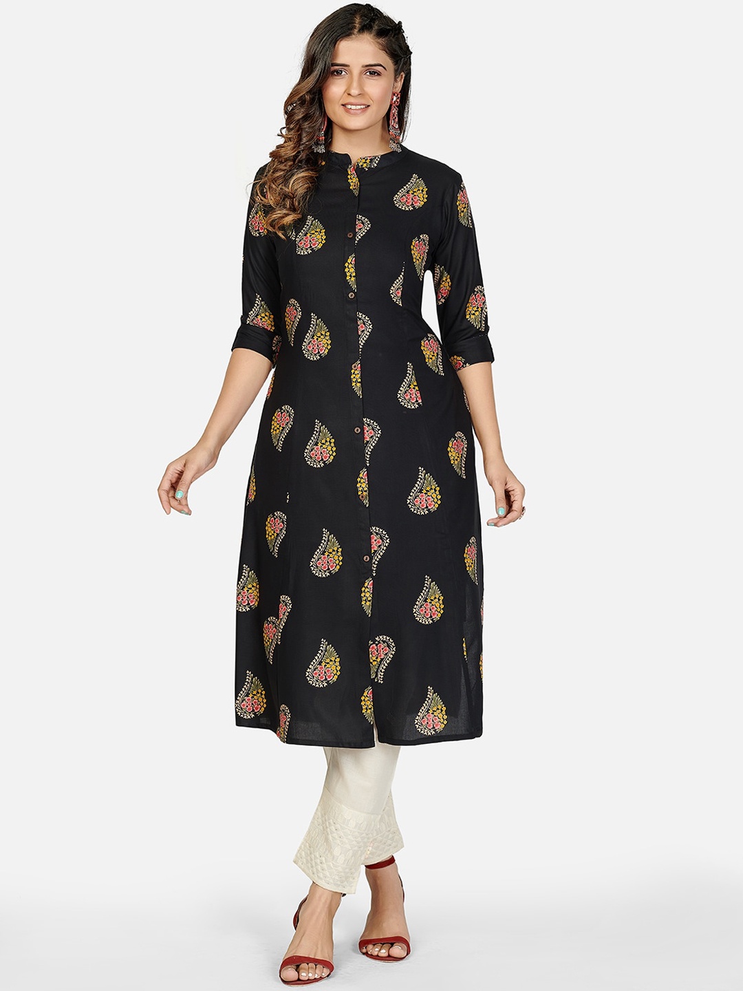 

KALINI Women Black Ethnic Motifs Printed Flared Sleeves Kurta