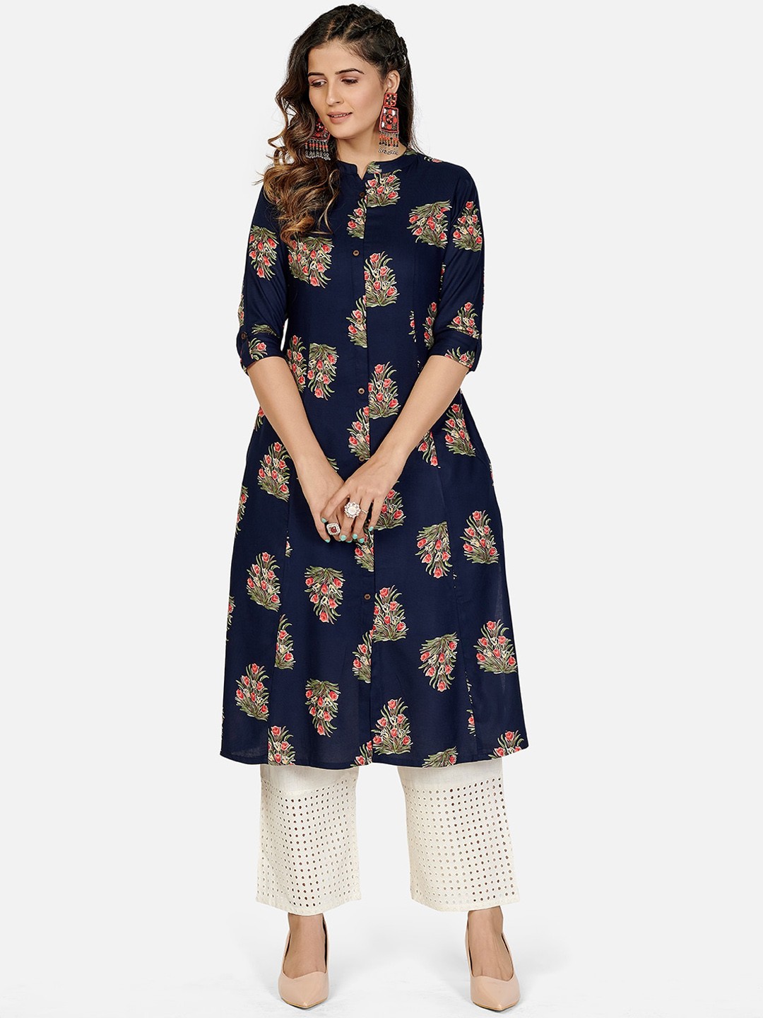 

KALINI Women Blue Ethnic Motifs Printed Keyhole Neck Kurta