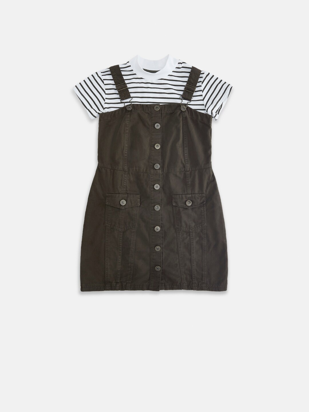

Pantaloons Junior Girls Olive Green & White Striped Cotton Top with Skirt