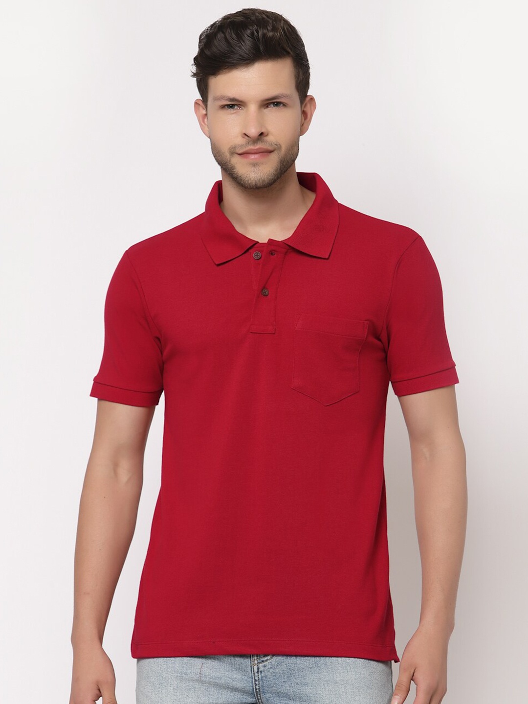 

Kalt Men Red Solid Polo Collar Cotton T-shirt