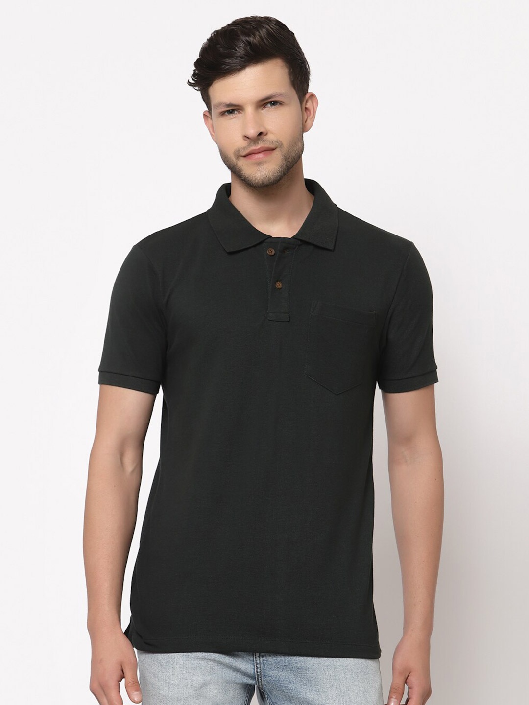 

Kalt Men Green Polo Collar Cotton T-shirt