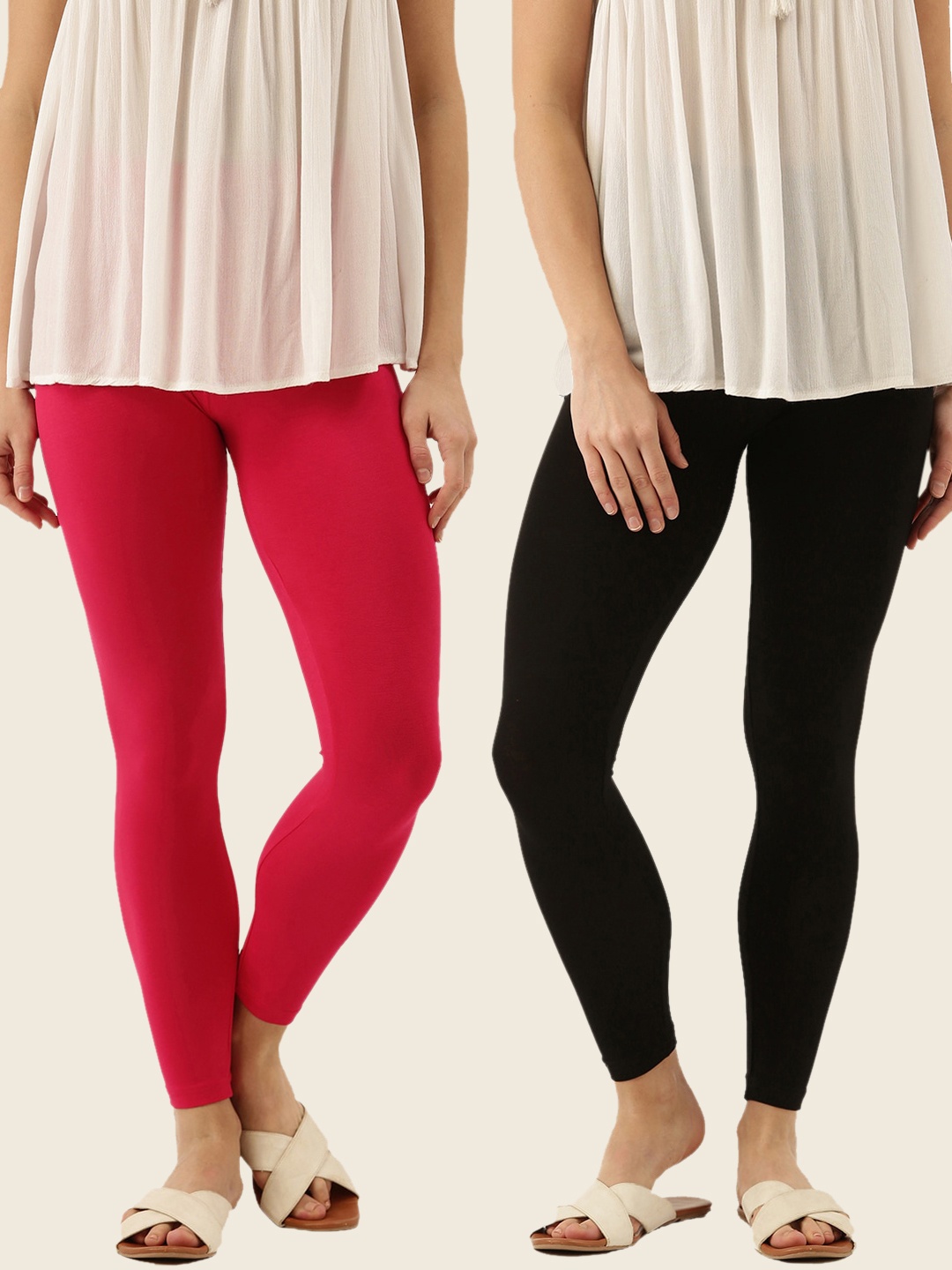 

zebu Women Pack Of 2 Solid Ankle-Length Leggings, Pink