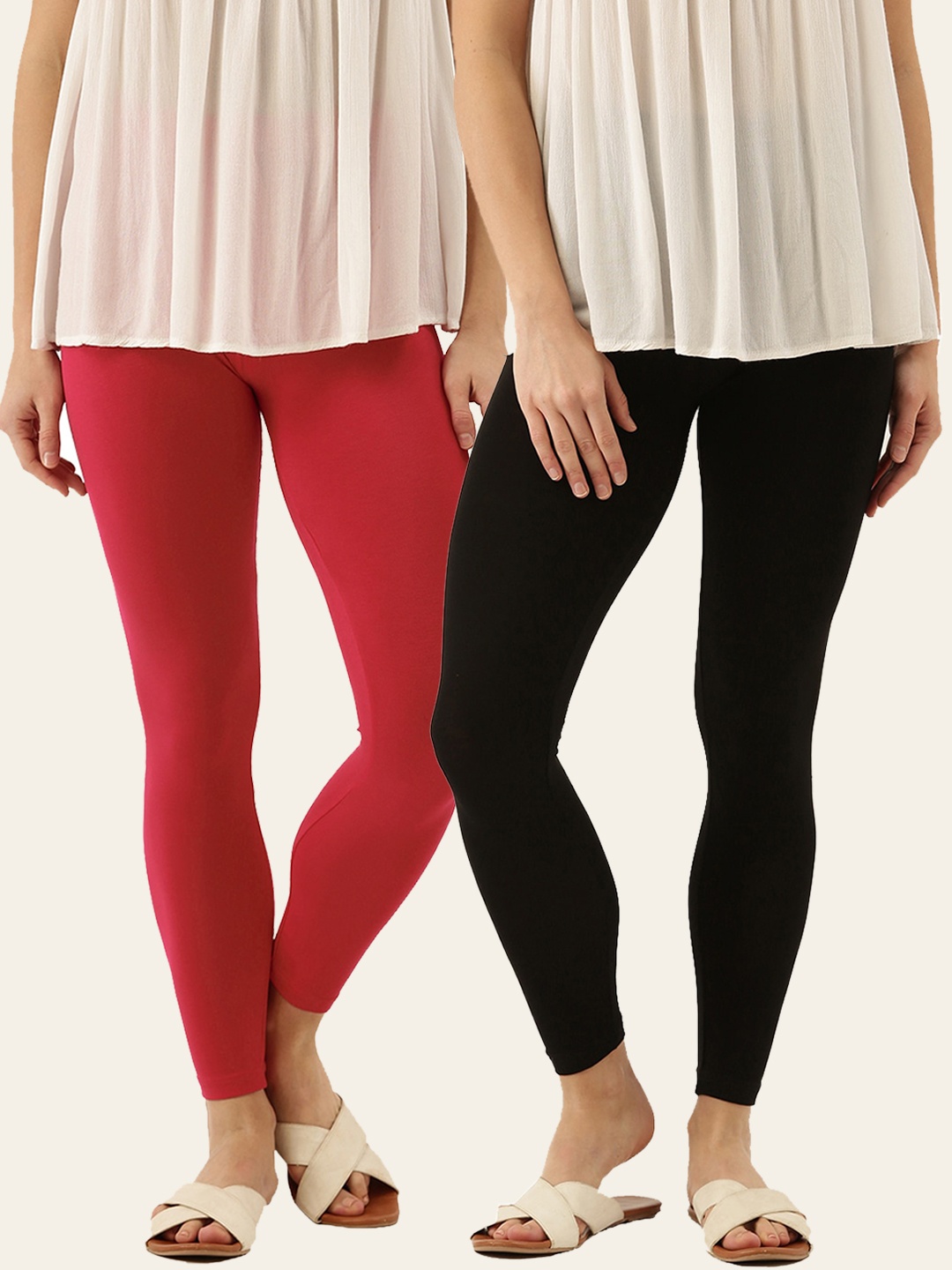 

zebu Women Pack Of 2 Solid Skinny-Fit Ankle-Length Leggings, Red