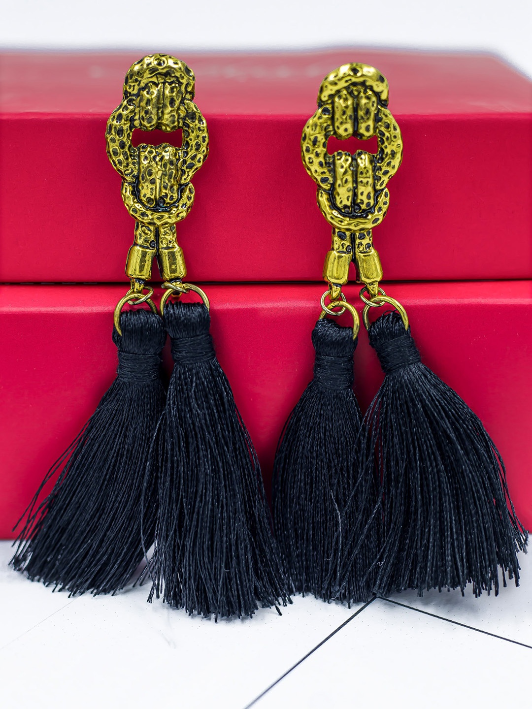 

Bellofox Black & Gold-Toned Audrey Tassel Statement Drop Earrings