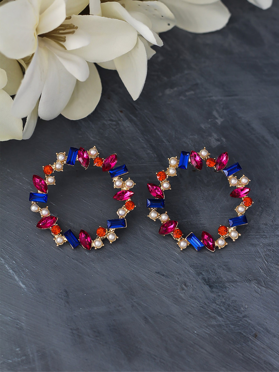 

Bellofox Pink & Blue Stone-Studded Drop Earrings