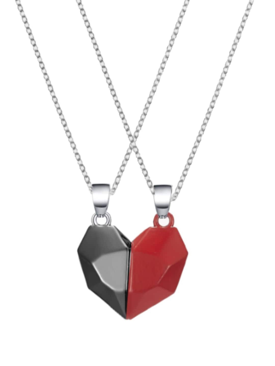 

OOMPH Set Of 2 Silver-Toned Red & Black Magnetic Heart Couple Pendants