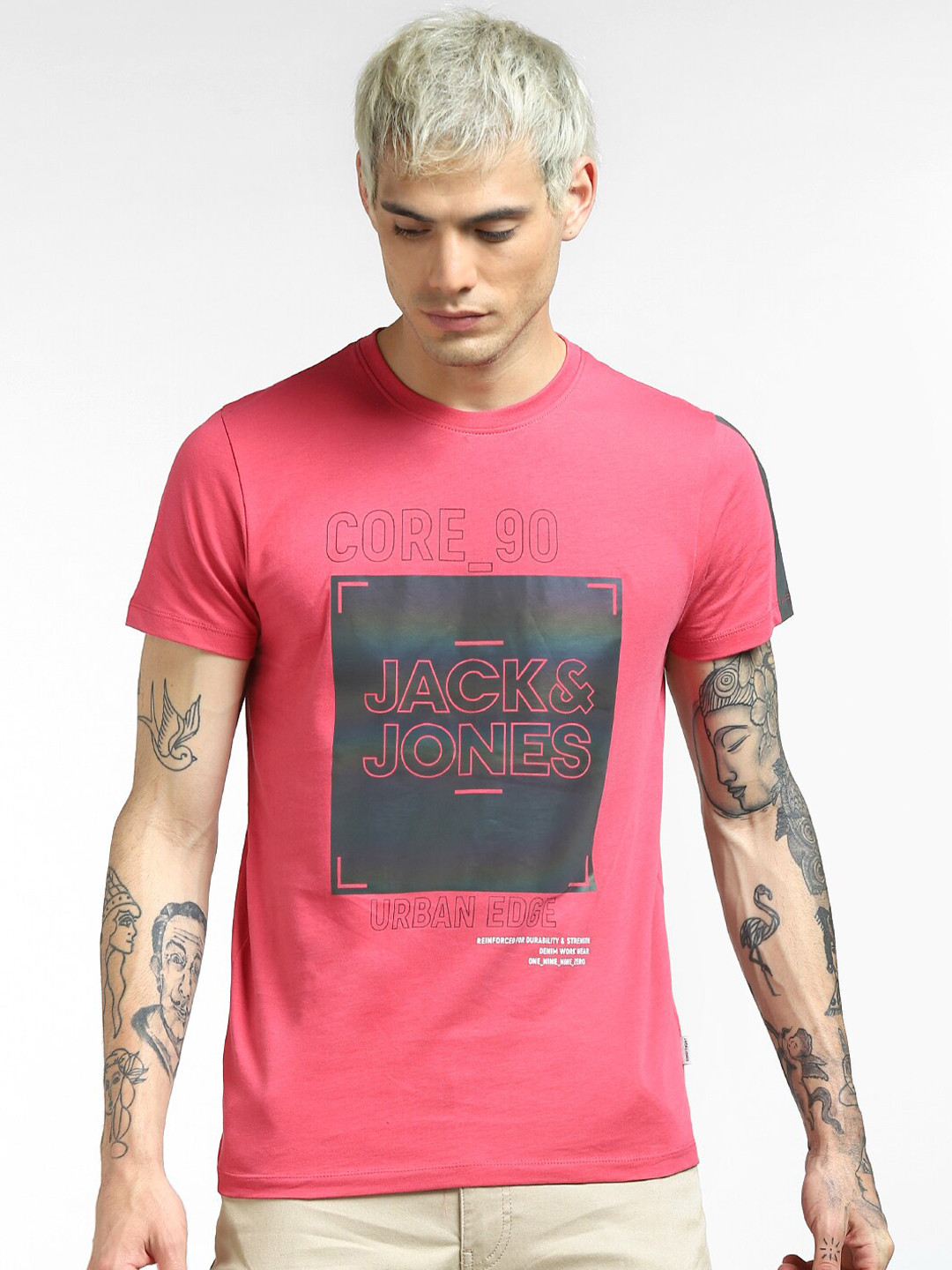

Jack & Jones Men Pink Printed Slim Fit T-shirt