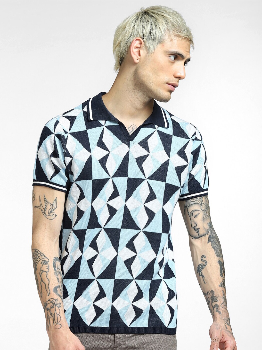 

Jack & Jones Men Blue & White Printed Polo Collar Slim Fit Cotton T-shirt