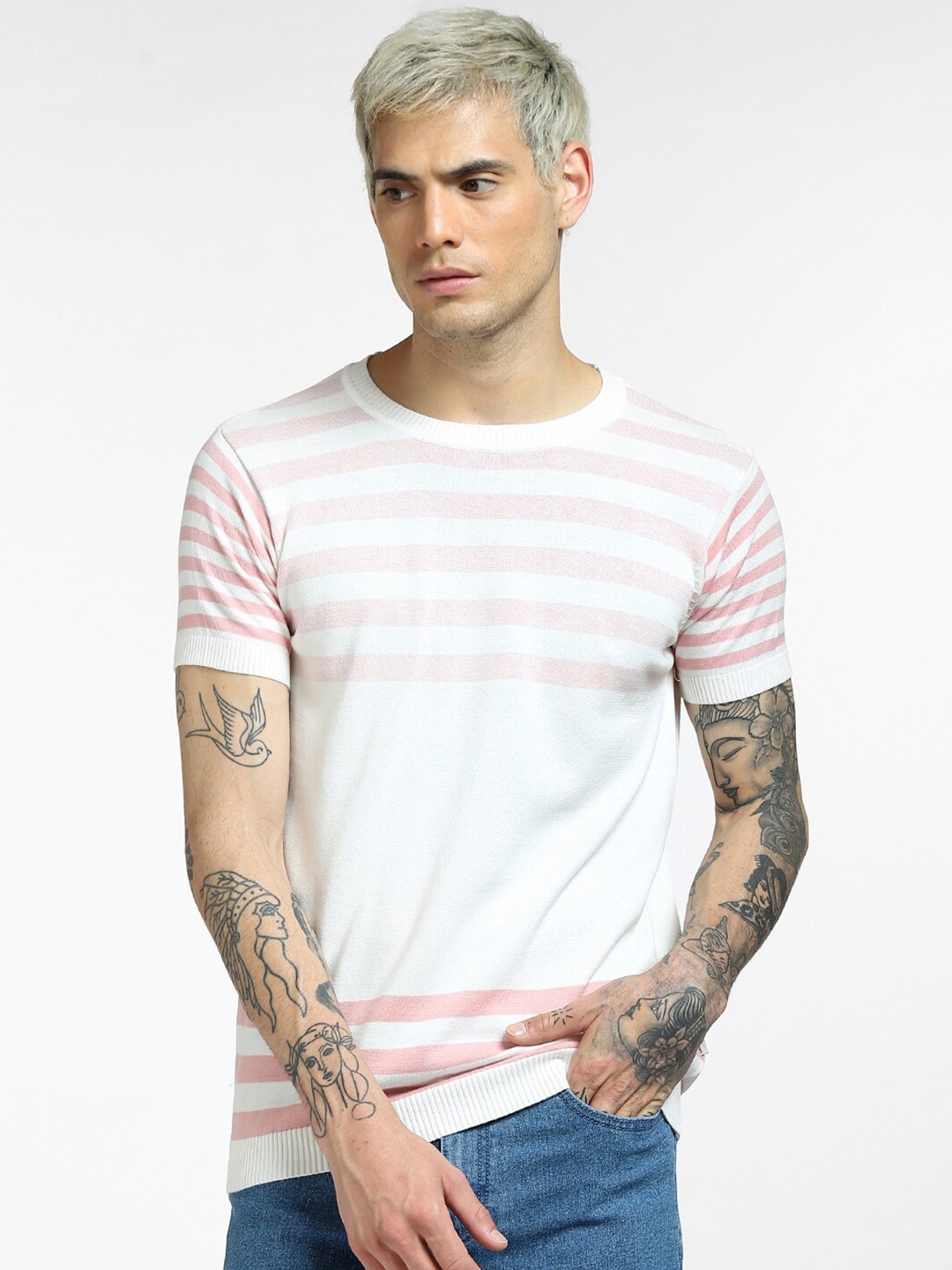 

Jack & Jones Men Pink Striped Slim Fit T-shirt
