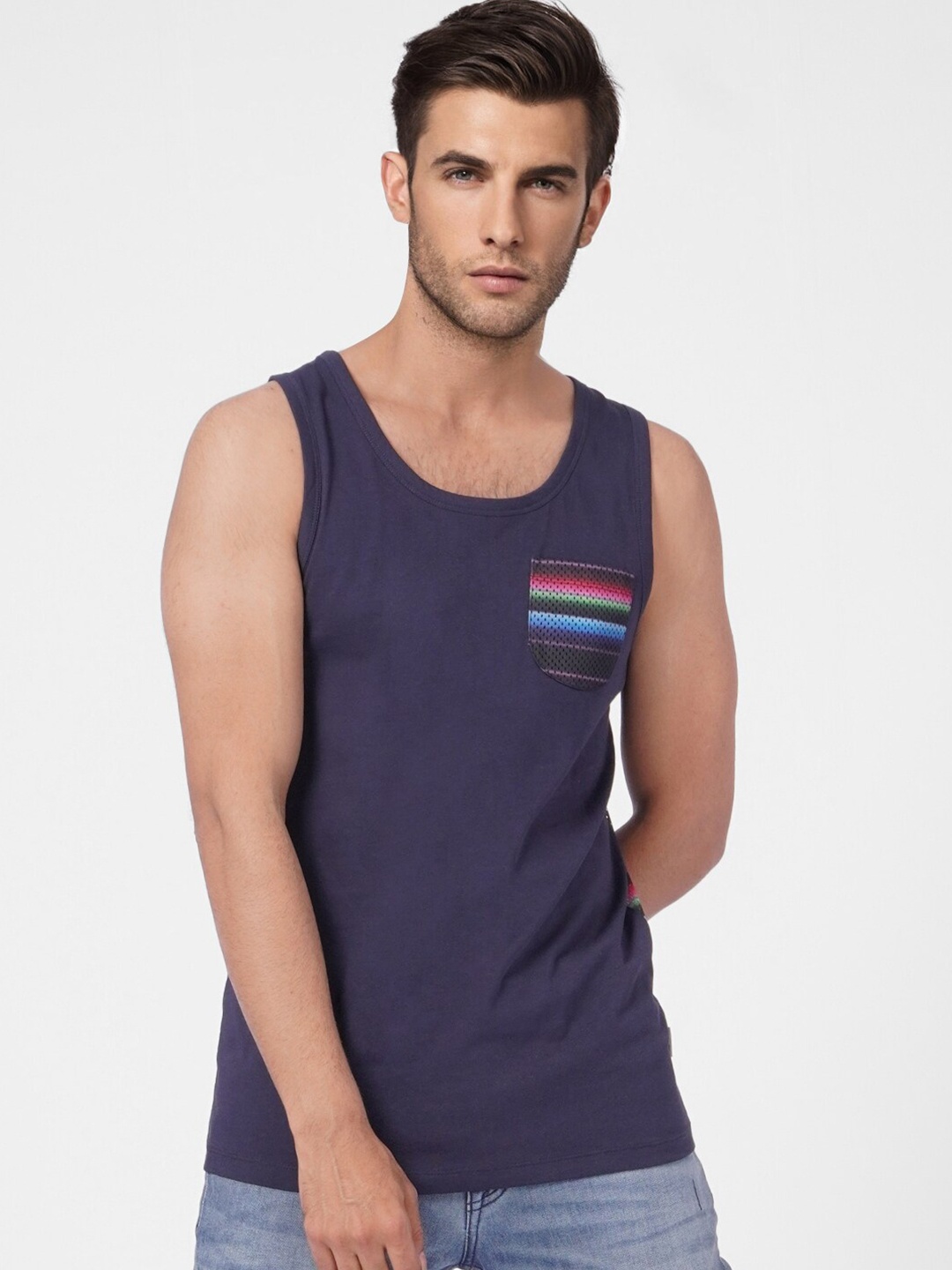 

Jack & Jones Men Blue Striped Slim Fit Cotton T-shirt