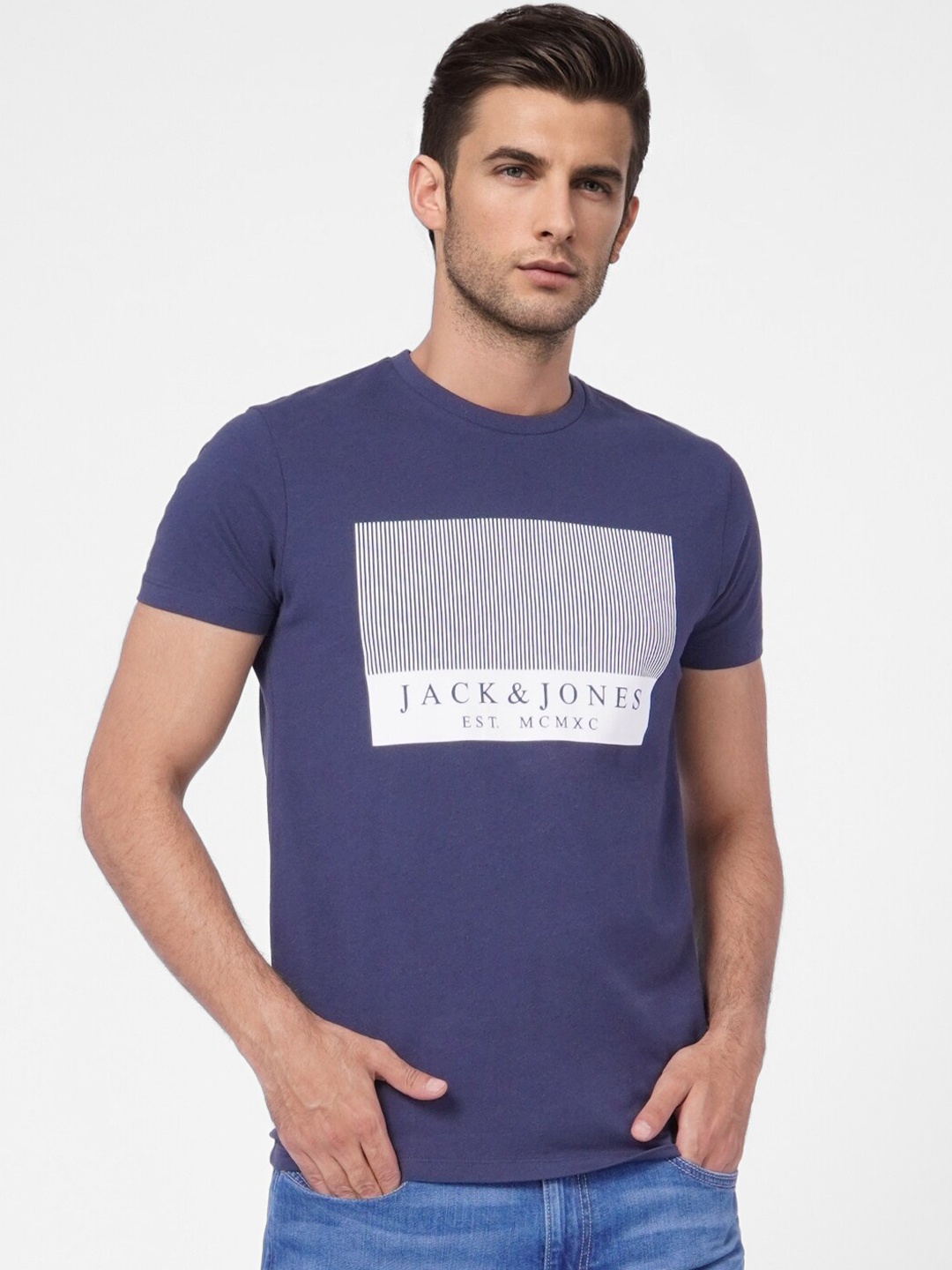 

Jack & Jones Men Blue & Off White Brand Logo Printed Slim Fit Cotton T-shirt