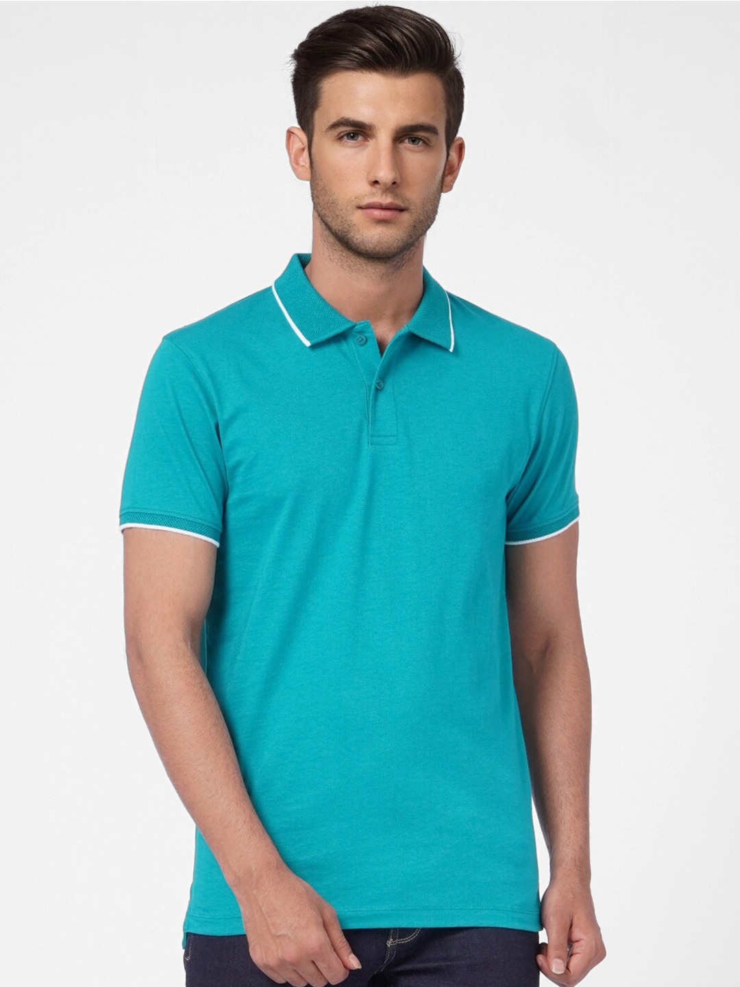 Jack & Jones Men Blue Polo Collar Cotton Slim Fit T-shirt