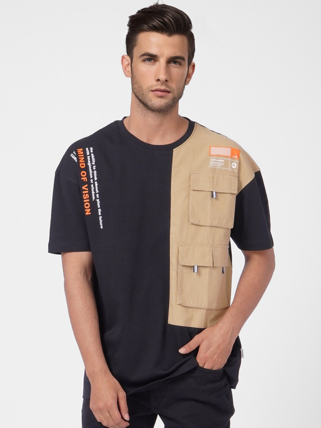 

Jack & Jones Men Black & Beige Colourblocked Cotton T-shirt