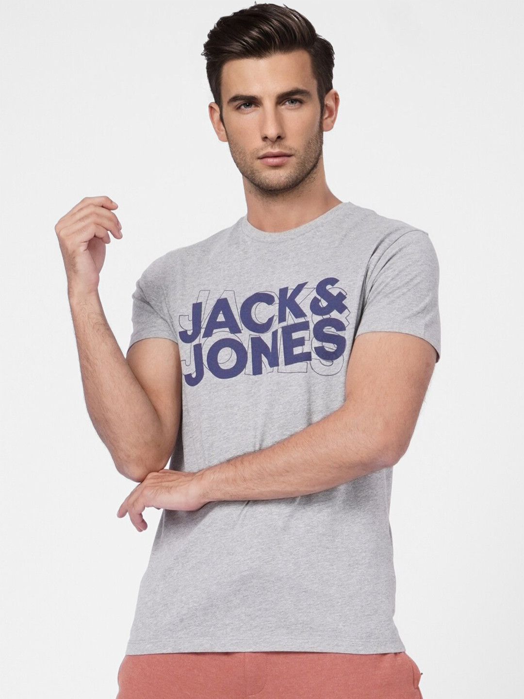 

Jack & Jones Men Grey & Blue Brand Logo Printed Slim Fit T-shirt