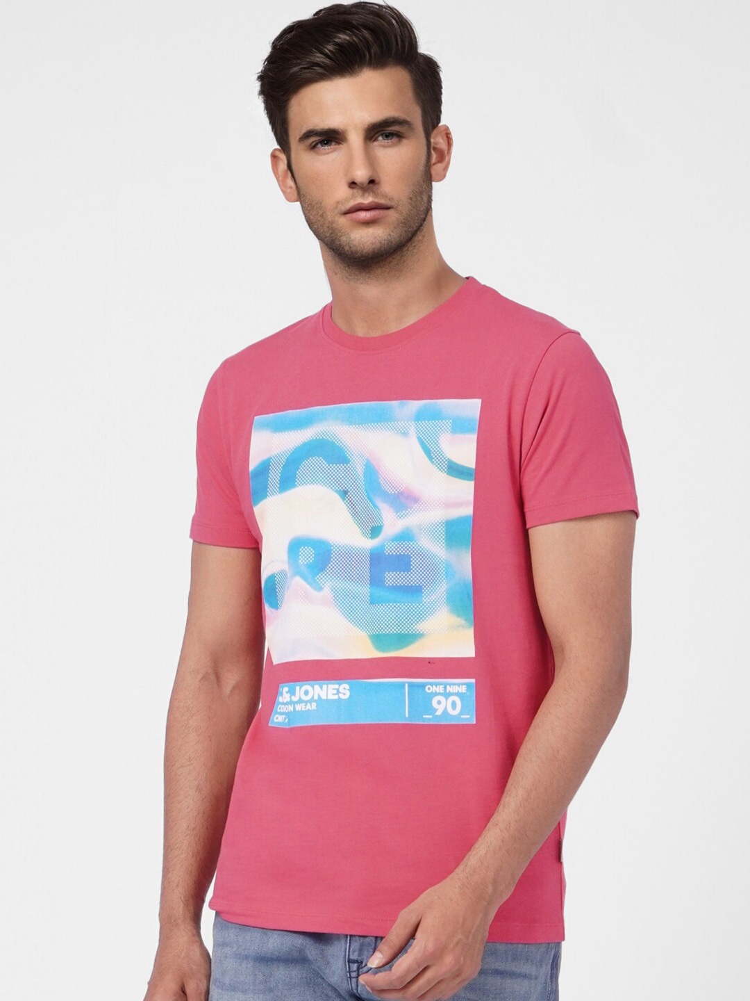 

Jack & Jones Men Pink Printed Slim Fit T-shirt
