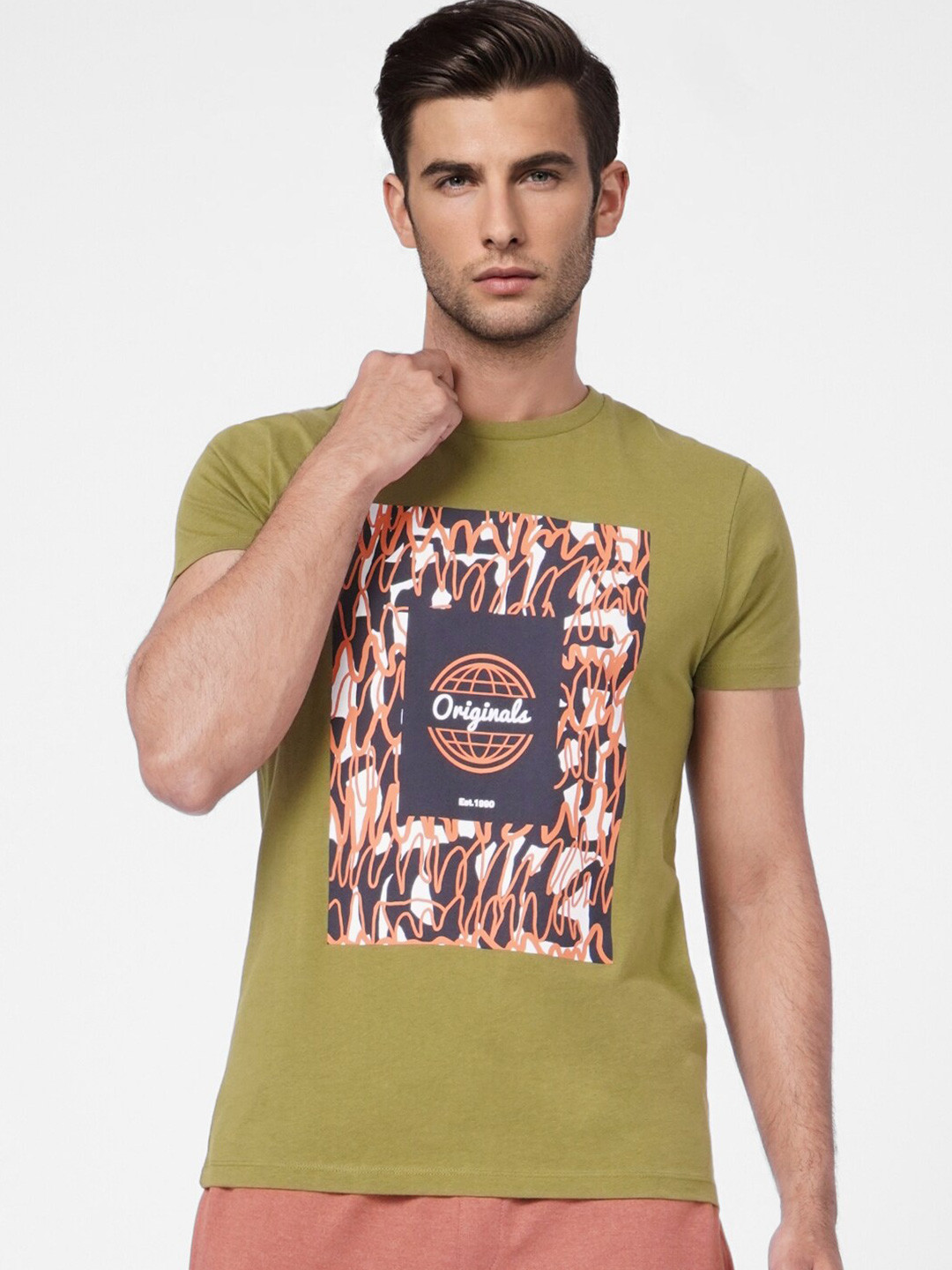

Jack & Jones Men Green Printed Slim Fit Cotton T-shirt