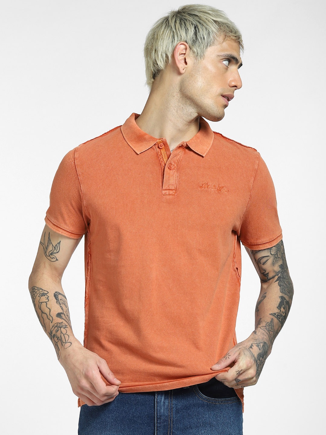 

Jack & Jones Men Orange Printed Polo T-shirt