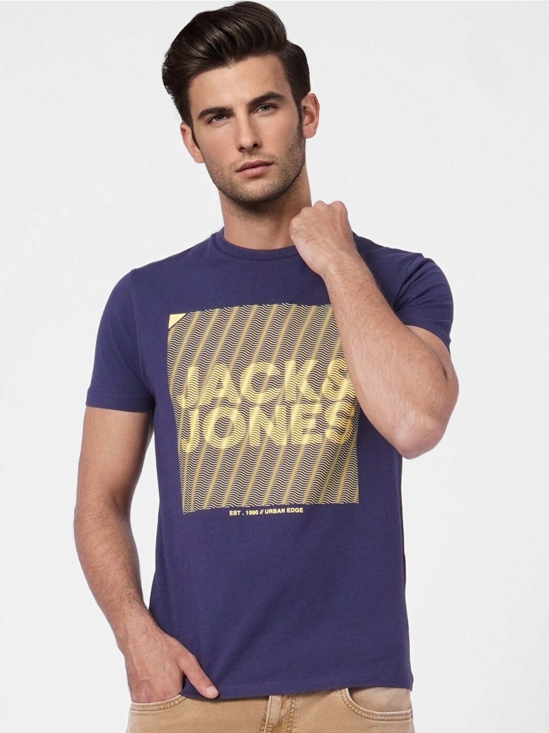

Jack & Jones Men Blue Printed Slim Fit Cotton T-shirt