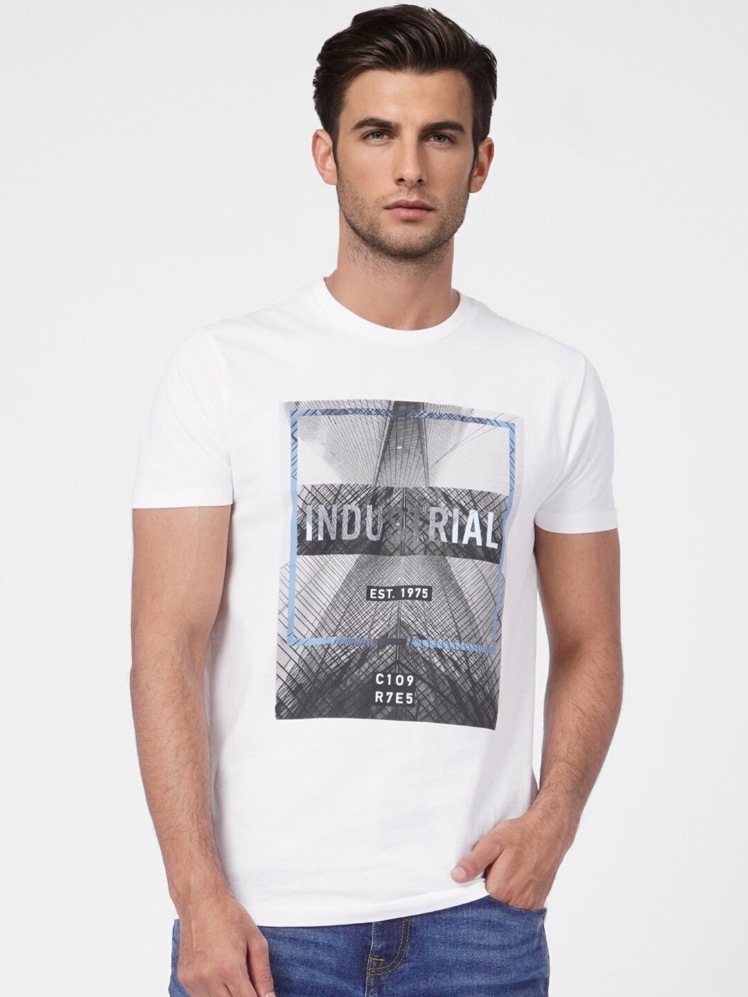 

Jack & Jones Men White & Grey Printed Slim Fit Cotton T-shirt