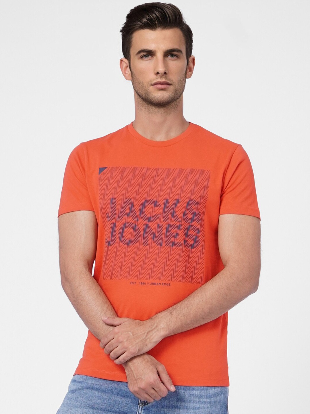 

Jack & Jones Men Orange & Blue Brand Logo Printed Slim Fit Cotton T-shirt