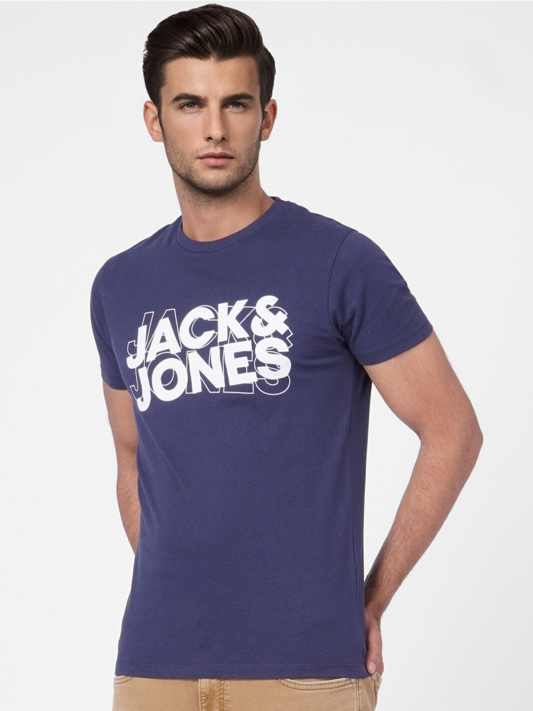 

Jack & Jones Men Navy Blue & White Brand Logo Printed Slim Fit Cotton T-shirt