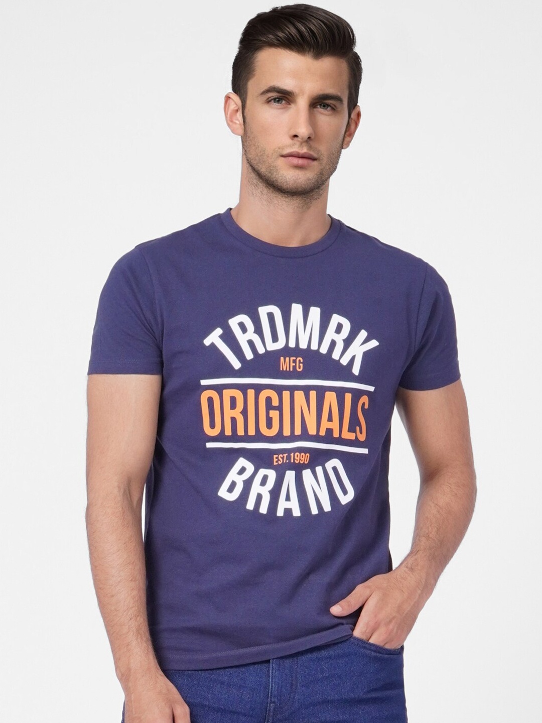 

Jack & Jones Men Blue Typography Printed Cotton Slim Fit T-shirt