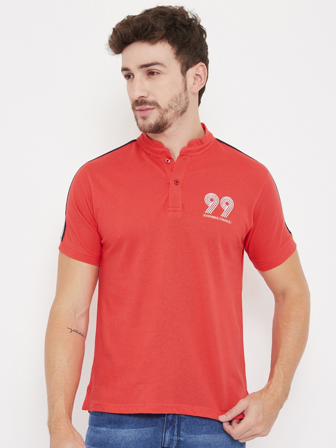 

NEVA Men Blue Mandarin Collar Cotton T-shirt