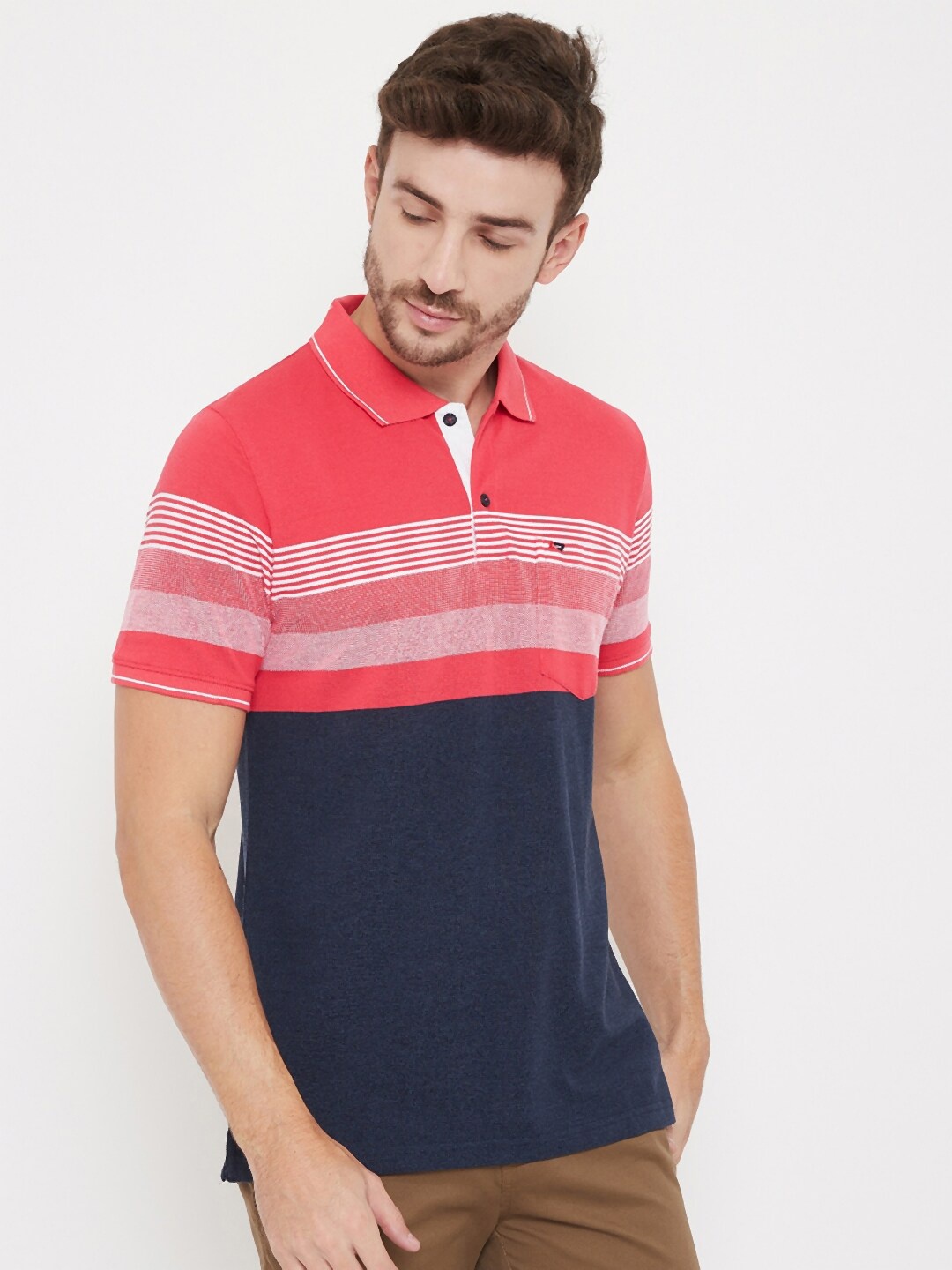 

NEVA Men Pink & Blue Striped Polo Collar T-shirt