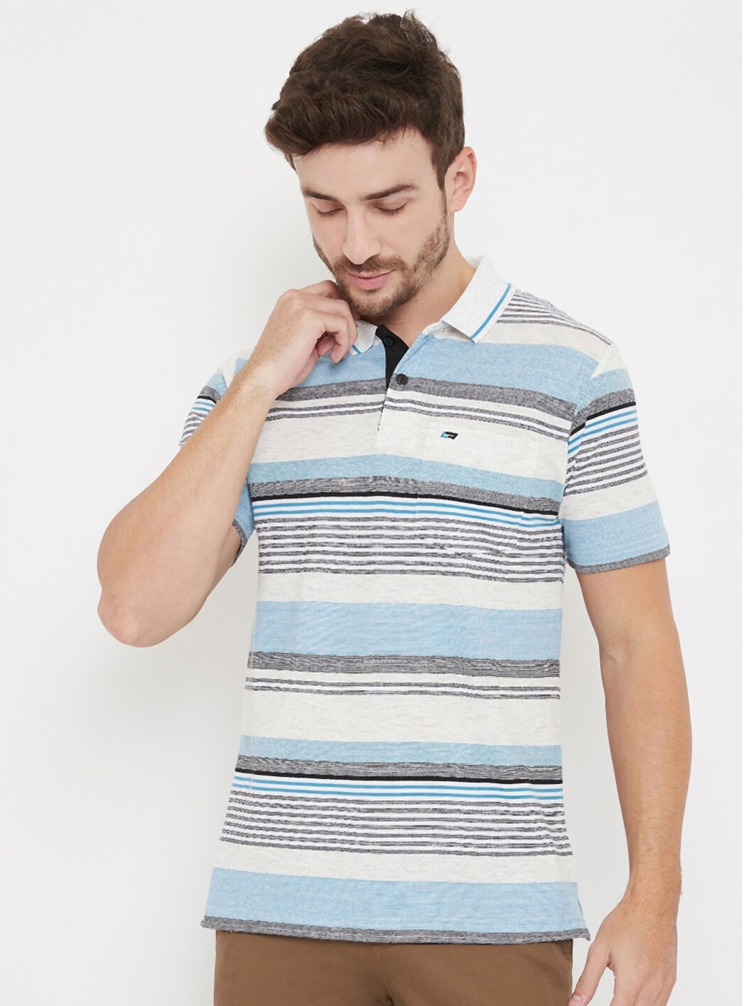 

NEVA Men Blue Striped Polo Collar T-shirt