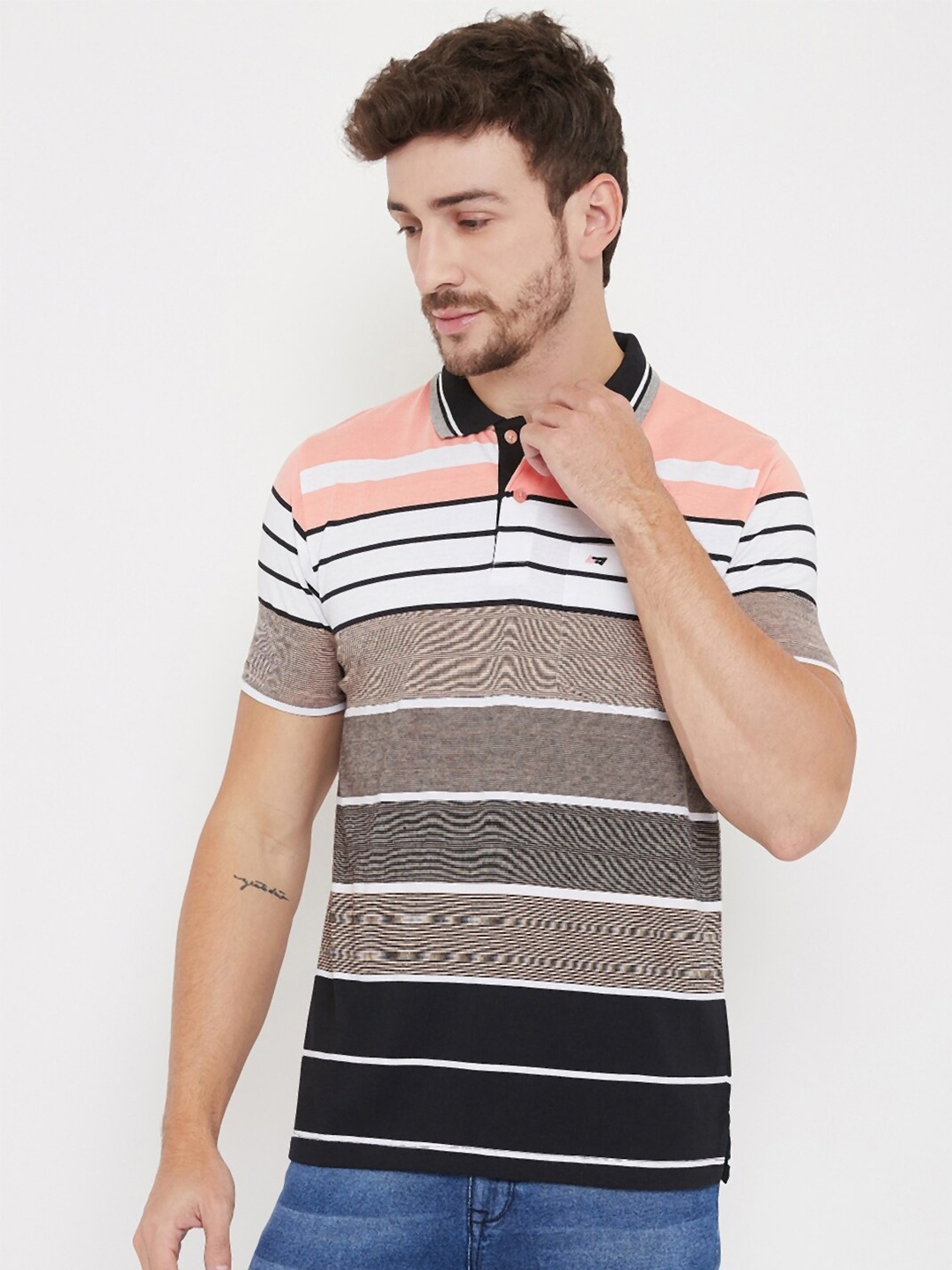 

NEVA Men Peach-Coloured Striped Polo Collar T-shirt