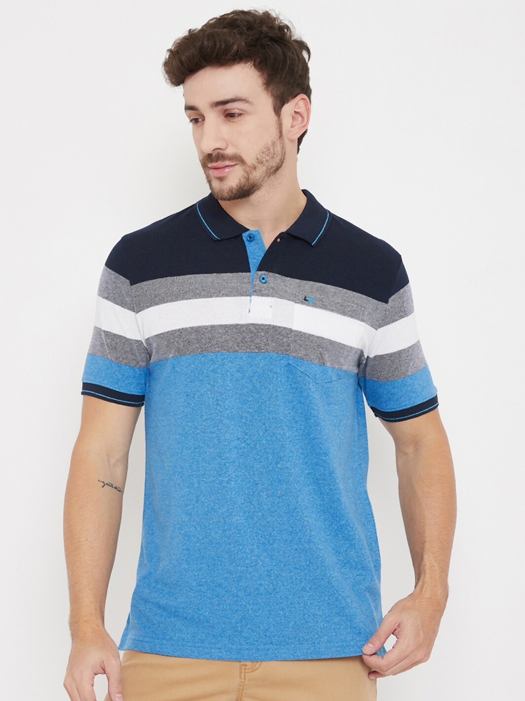 

NEVA Men Blue & Grey Striped Polo Collar T-shirt