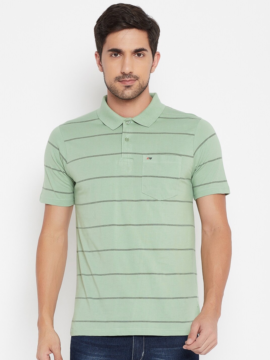 

NEVA Men Green & Grey Striped Polo Collar T-shirt
